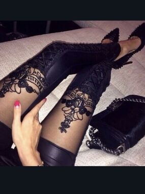 Option 1: XL Black Faux Leather Lace-Up Leggings with Floral Lace & Mesh